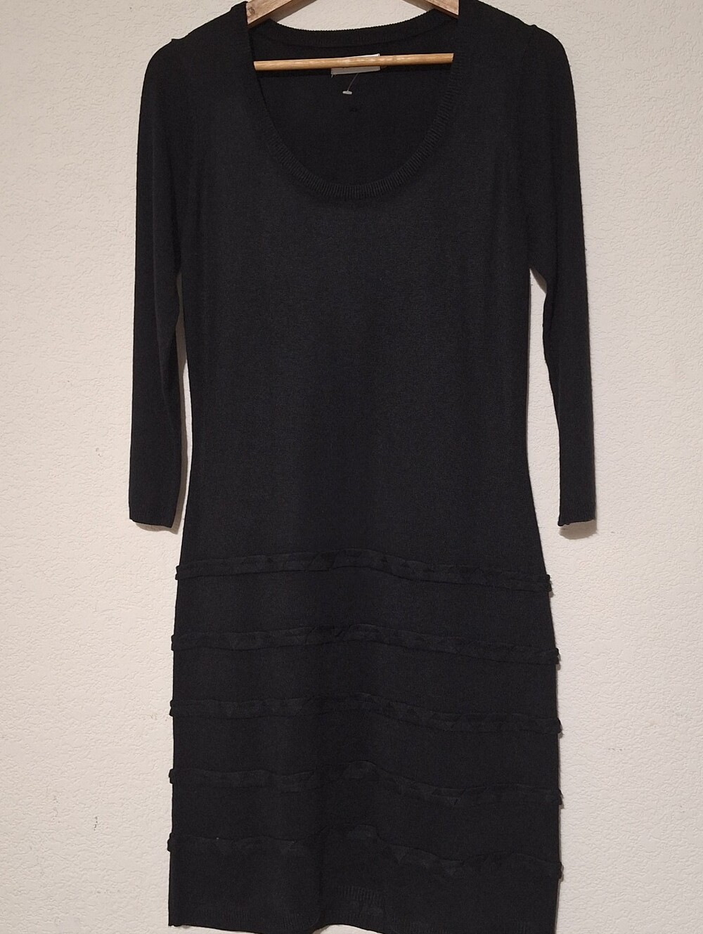 Calvin Klein Black Knit Tiered Fringe Scoop Neck Sweater Ruffle Midi Dress Sz S